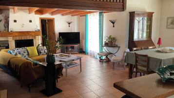 Televisie, een open haard, een dvd-speler en een tafeltennistafel