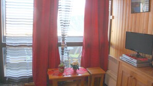 A room with a wooden wall, a window with striped curtains, a small table with a potted plant, and a television on a wooden stand. - Holidays close to the slopes. Pra-Loup 1600 (Uvernet-Fours)