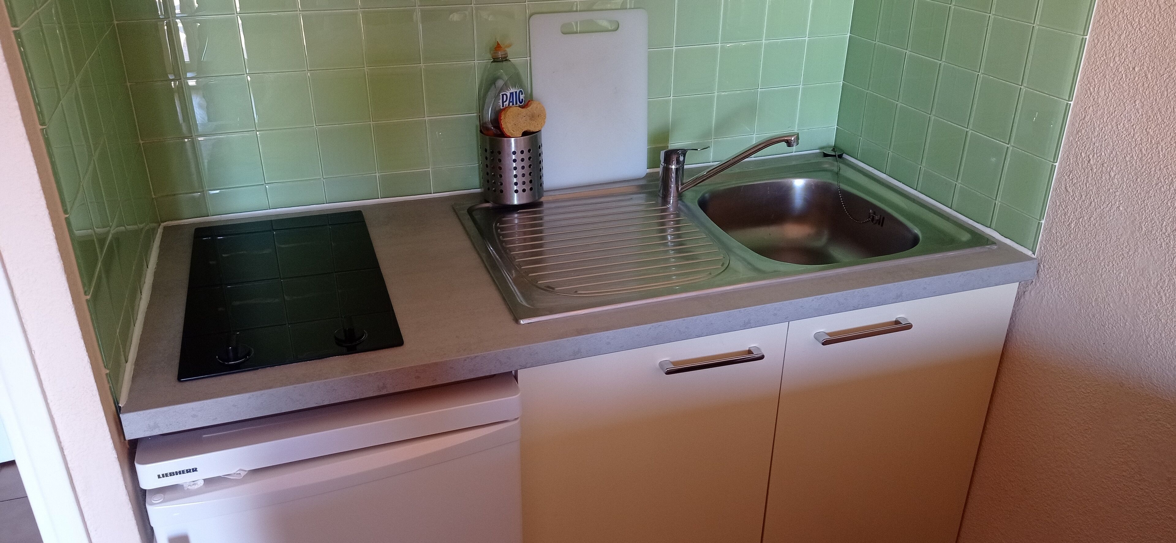 Een keuken met een roestvrijstalen spoelbak, een broodrooster en een afwasschaal.