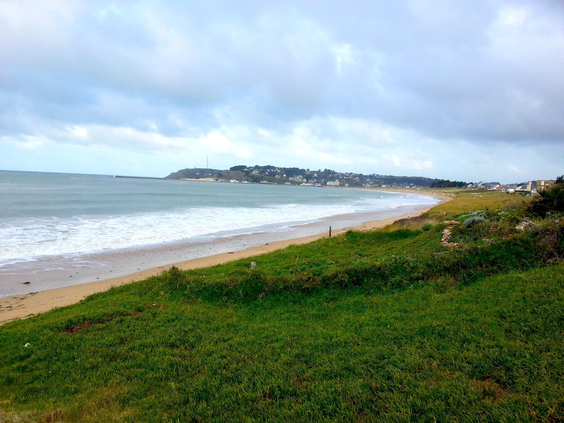 A coastal landscape with a beach, grassy foreground, and a distant town.
