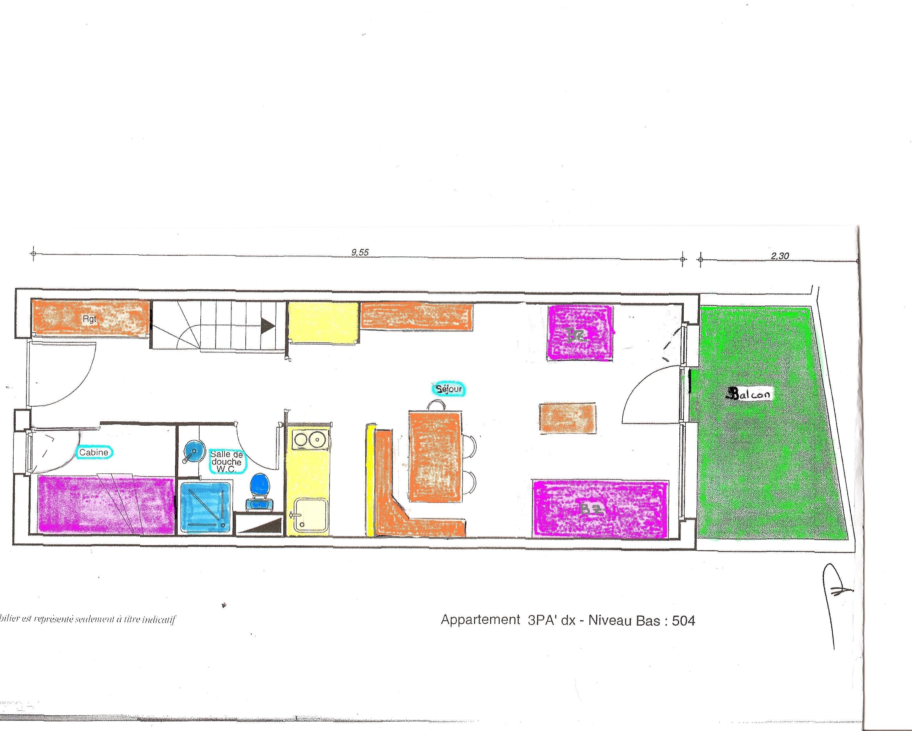 A floor plan of a 3PA' apartment on the Bas level, including a balcony and various rooms.