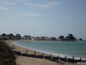 Una playa costera con casas al fondo.