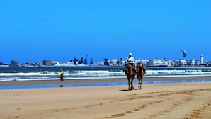 Una playa con dos caballos y jinetes, cielo despejado y un horizonte con edificios.