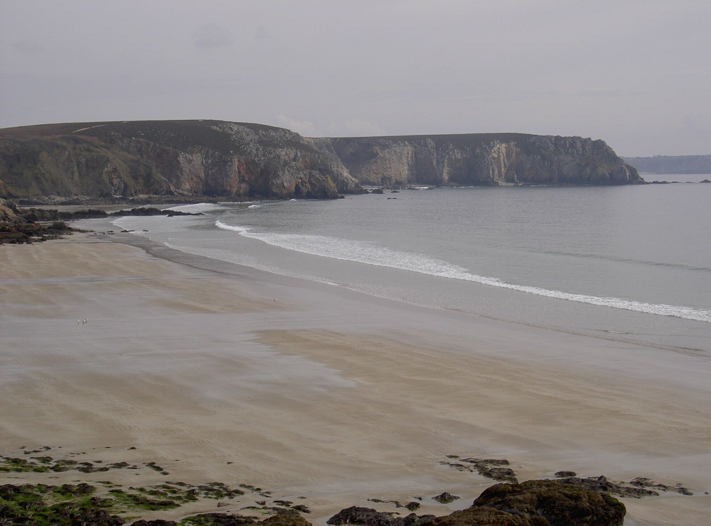 A coastal beach with a sandy shore and rocky cliffs.