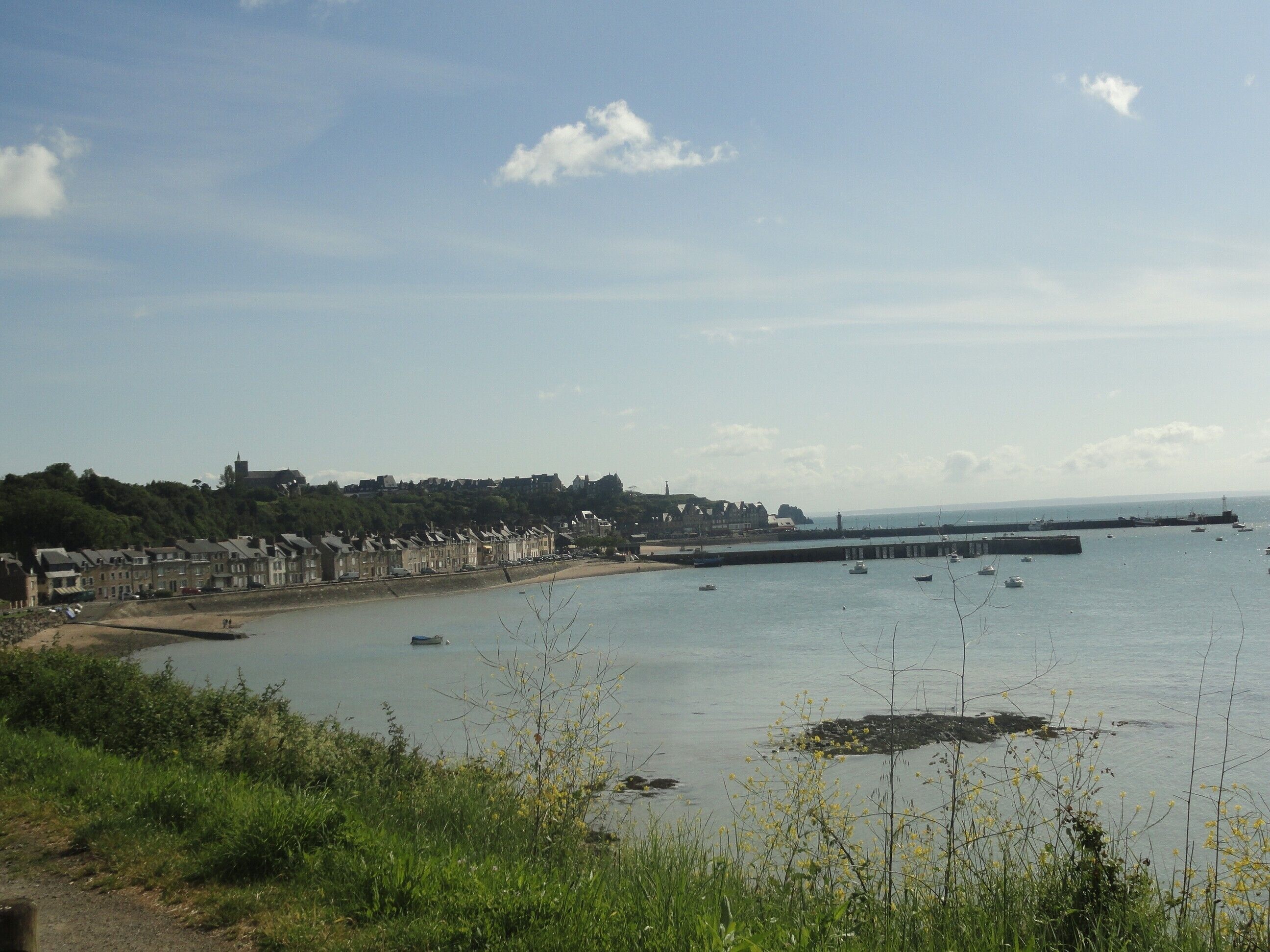 A coastal town with a harbor, boats, and a prominent castle on a hill.