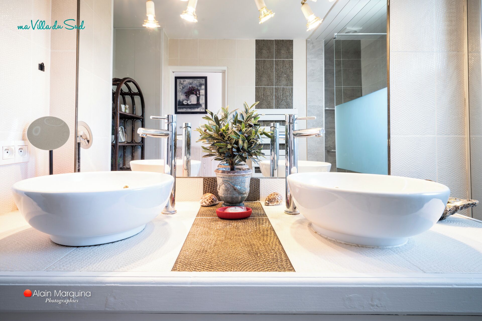 A modern bathroom with two large white sinks, a potted plant, and a mirror.