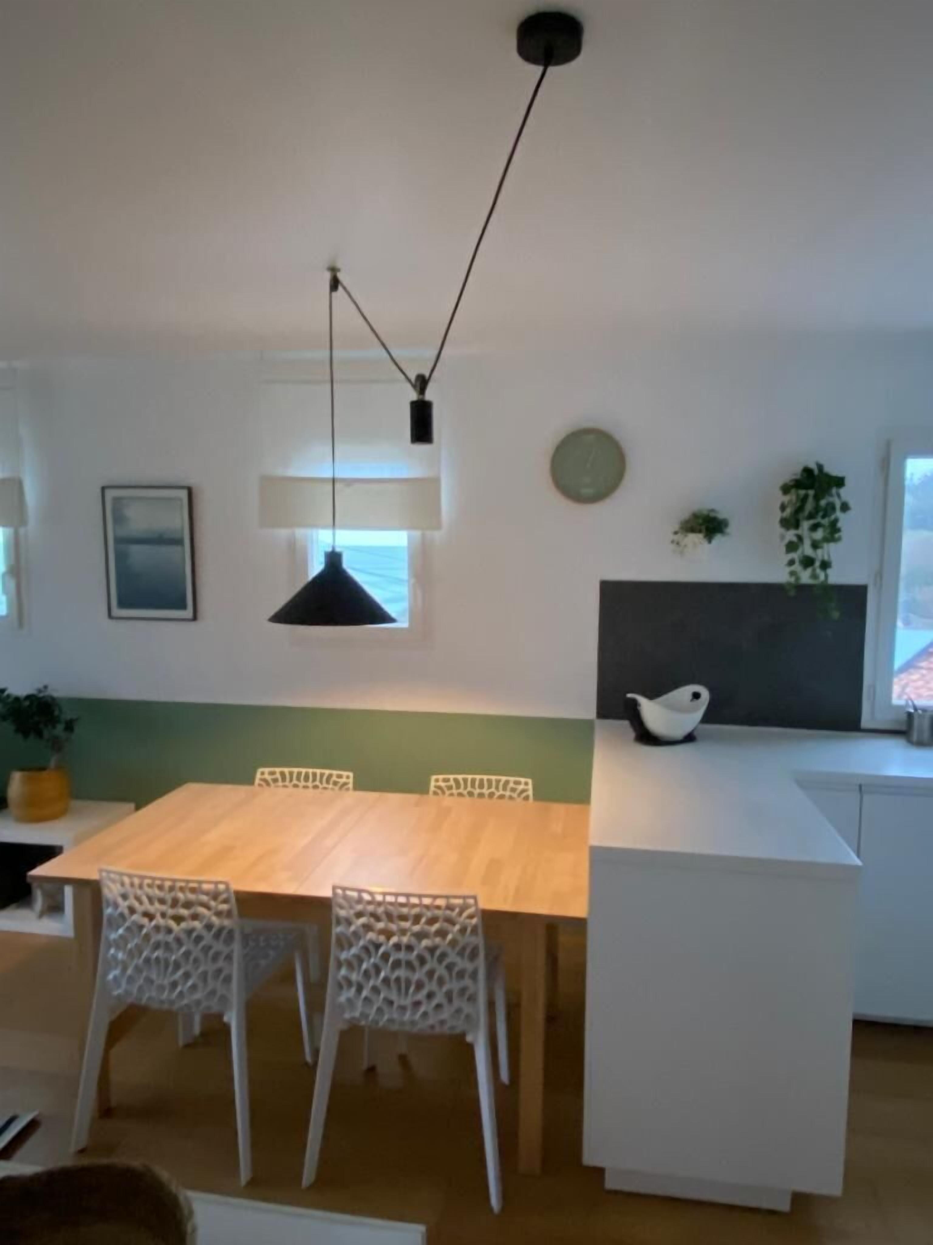 Una cocina moderna con una mesa de comedor de madera, sillas blancas, una lámpara colgante y una pequeña isla con una escultura de un pájaro blanco.
