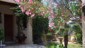 Una entrada empedrada con puerta, rodeada de abundante vegetación y plantas con flores.
