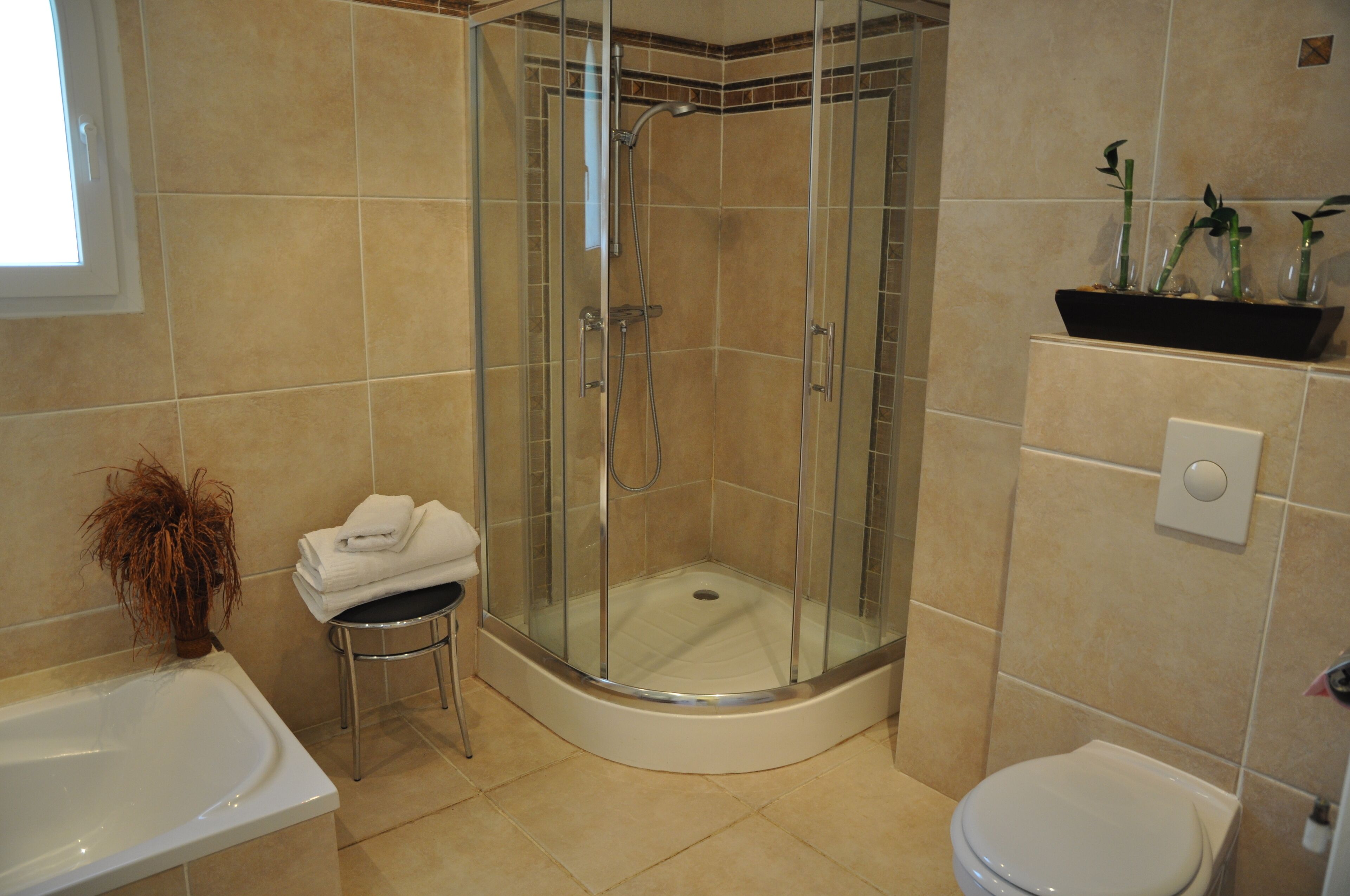 Combined shower/tub, hair dryer