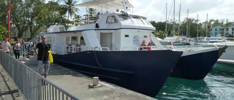 A large boat docked at a marina with a covered walkway and people walking nearby.