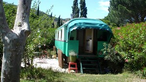Una pequeña construcción de un solo piso, con puerta y ventanas, rodeada de vegetación y árboles.