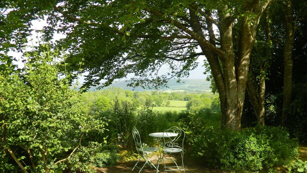A garden with a table and chairs under a tree, surrounded by greenery and a view of the countryside.