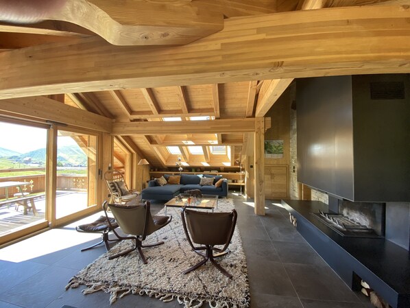 Télévision, cheminée, table de tennis de table, livres