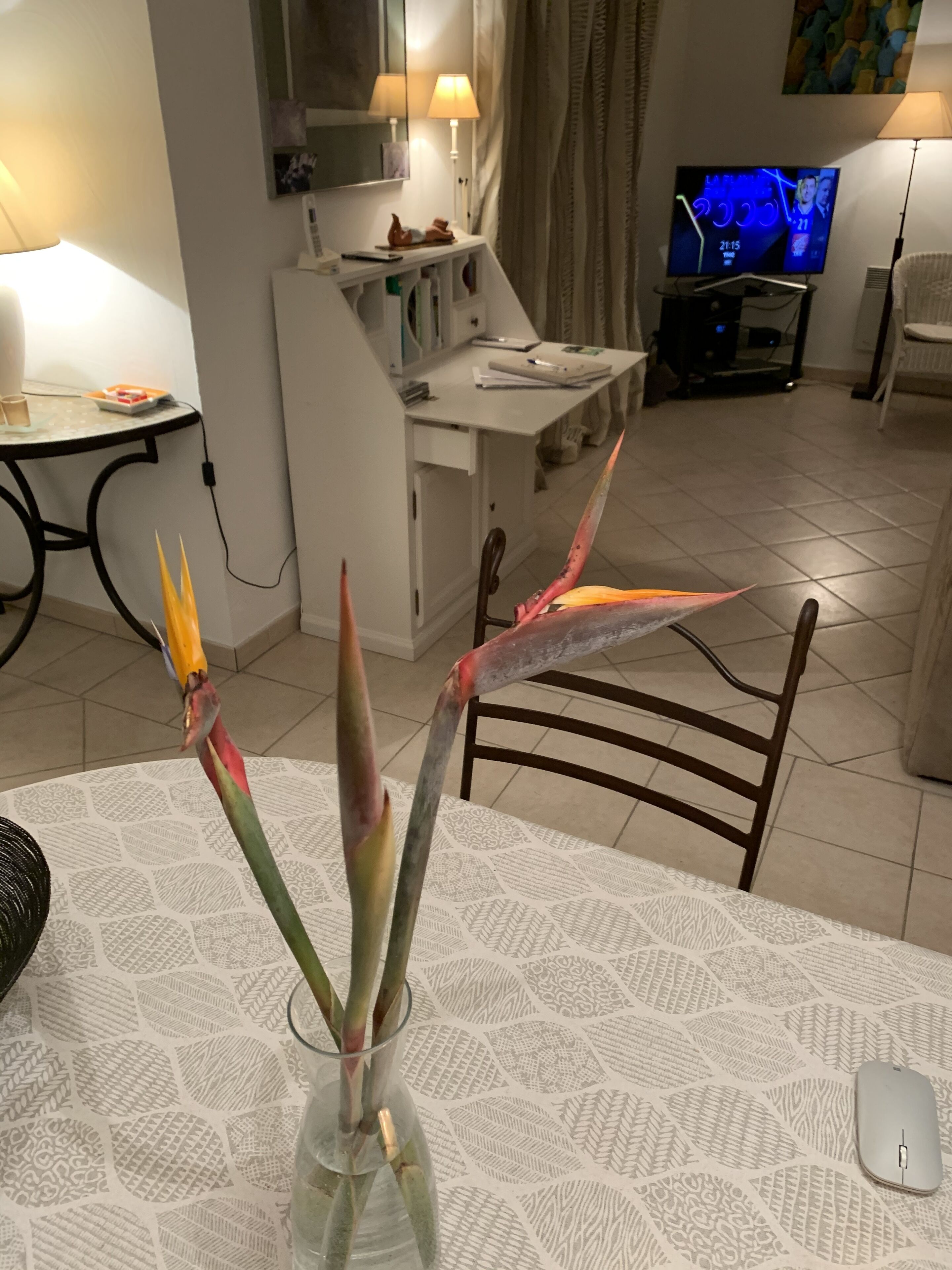 A dining area with a table set for two, a vase with decorative plants, a laptop, and a television in the background.