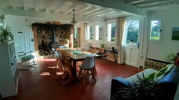 Télévision, cheminée, lecteur de DVD, livres