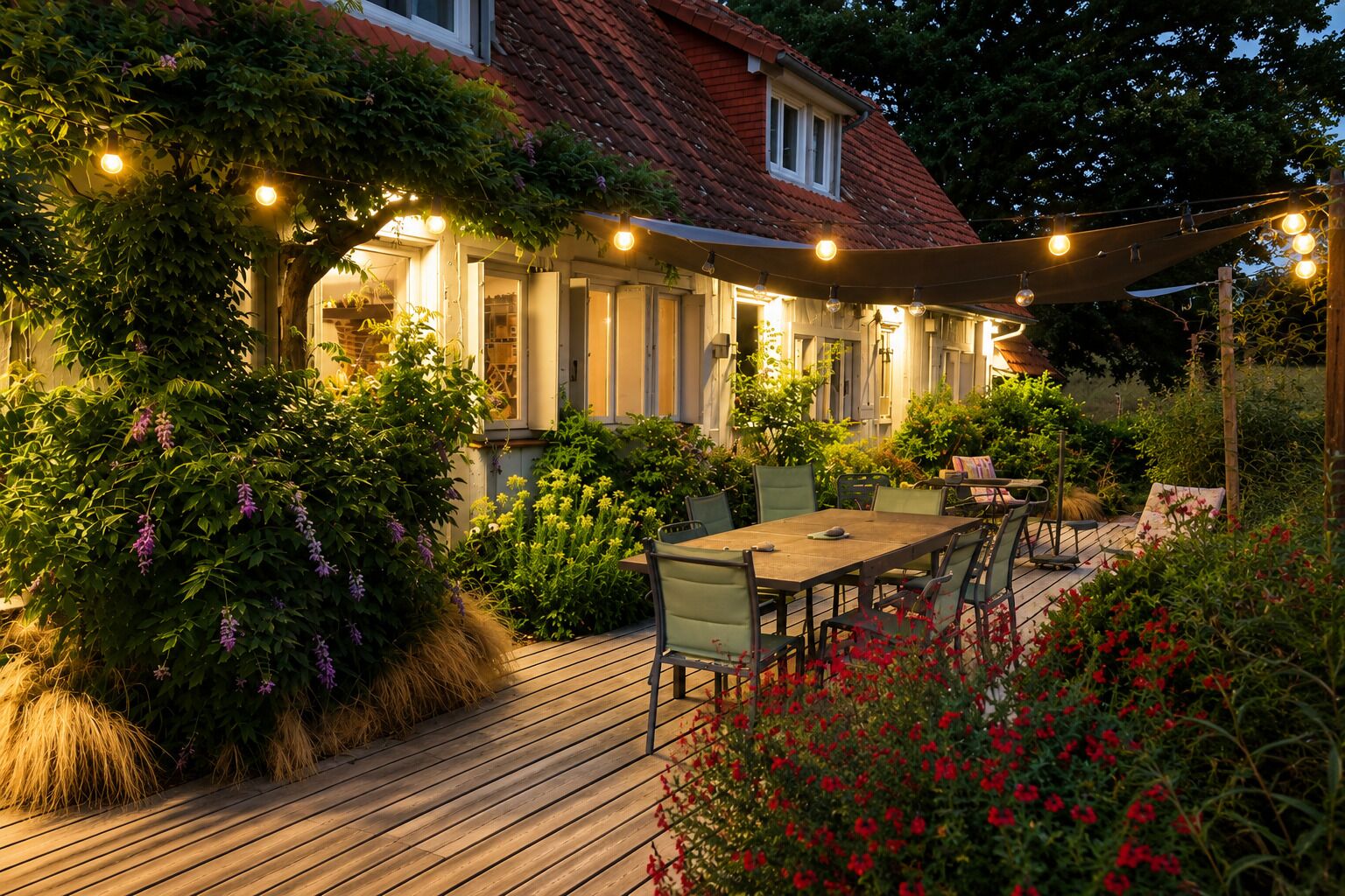 A wooden deck with a table and chairs, surrounded by greenery and flowering plants.