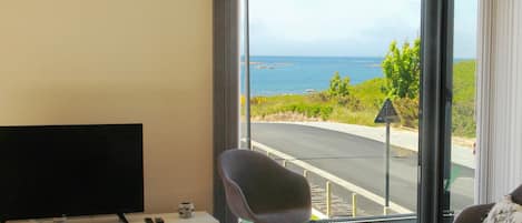 A room with a TV, a chair, a small table, and a view of the sea and road.