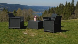 A grassy outdoor seating area with wicker furniture and a flower vase.