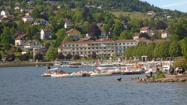 A lakeside town with boats docked, a marina, and residential buildings in the background.