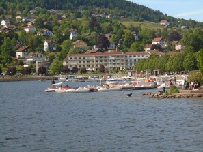 A lakeside town with boats docked, a marina, and residential buildings in the background.