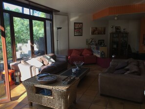 Televisión, chimenea, reproductor de DVD, futbolito