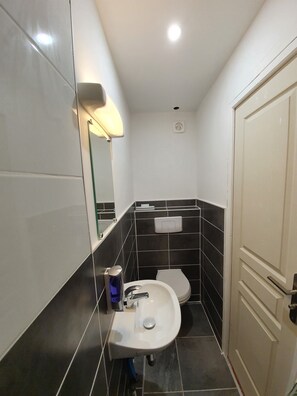 Ducha, secador de pelo, toallas, jabón