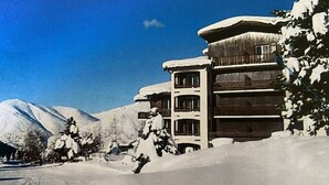 A snow-covered building with multiple balconies, surrounded by snow-covered trees and a mountain in the background.