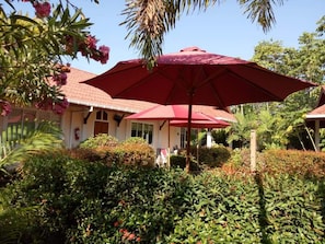 A building with a red umbrella, surrounded by lush greenery and a clear blue sky.