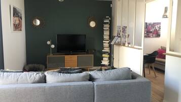 TV, fireplace, DVD player, books