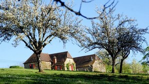 A traditional stone building with a sloped roof, surrounded by lush green grass and flowering trees. - Charming cottage, private turquoise pool, PLAZAC-prox. treasures of Périgord (Plazac)