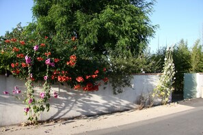Surrounded by vibrant flowers, this serene outdoor space offers a peaceful retreat.