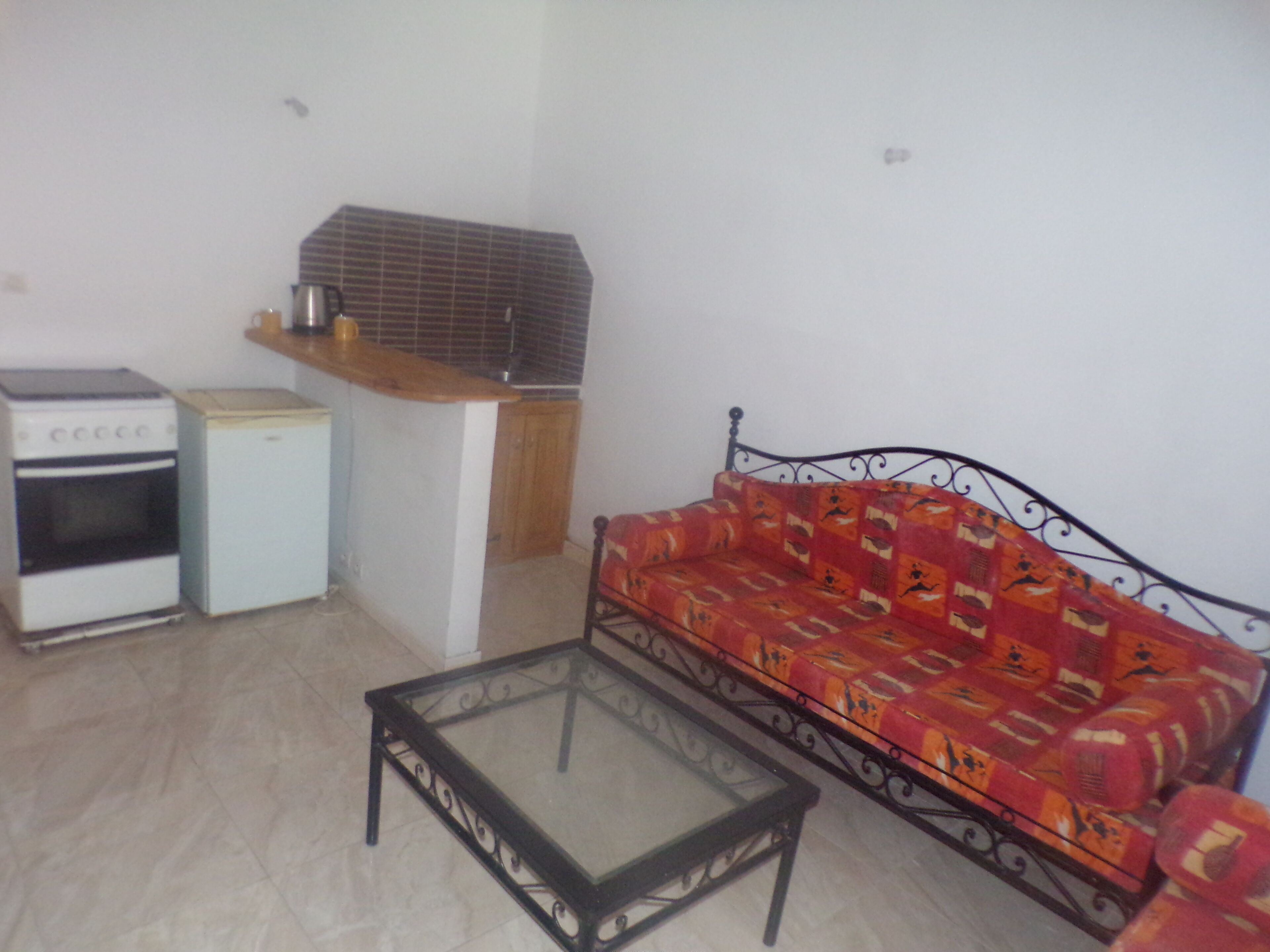 Un espacio habitable compacto con kitchenette, un sofá y una mesa de centro de vidrio.