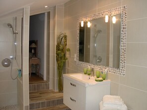 Combined shower/tub, jetted tub, hair dryer, towels