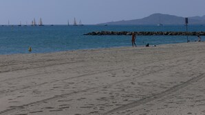 Una spiaggia con un molo roccioso, vele e cielo sereno.