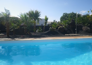 A clear blue pool with a sandy beach and palm trees.