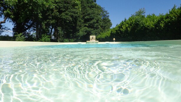 Uma piscina límpida com ondulações visíveis na superfície da água, rodeada por árvores verdes exuberantes e um céu claro.