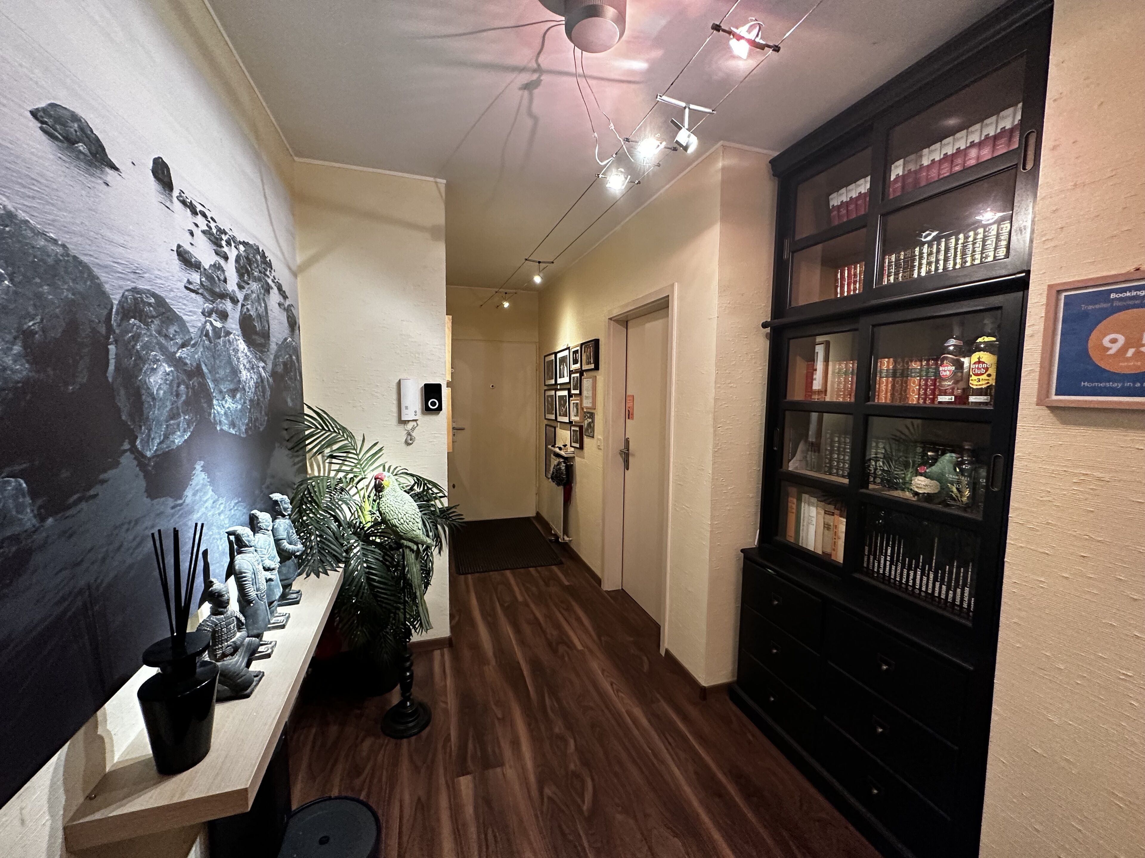 A hallway with a wooden floor, a black bookshelf with various items, a wall-mounted speaker, and a large abstract painting.