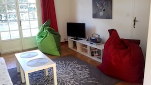 Televisio, takka, DVD-soitin, pöytätennispöytä