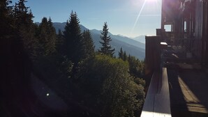 Een houten terras met uitzicht op een bergachtig landschap, onder een heldere lucht.