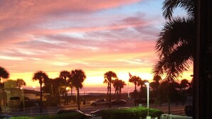 A pool area with lounge chairs and umbrellas, surrounded by palm trees and a sunset view. - Newly Remodeled Poolside Condo with Gorgeous Ocean-Front View - Sleeps 8 (St Pete Beach)