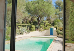 Kirkkaan sinisen veden peittämä uima-allas, jonka ympärillä on monenlaista vihreää kasvillisuutta, kuten puita ja pensaita.