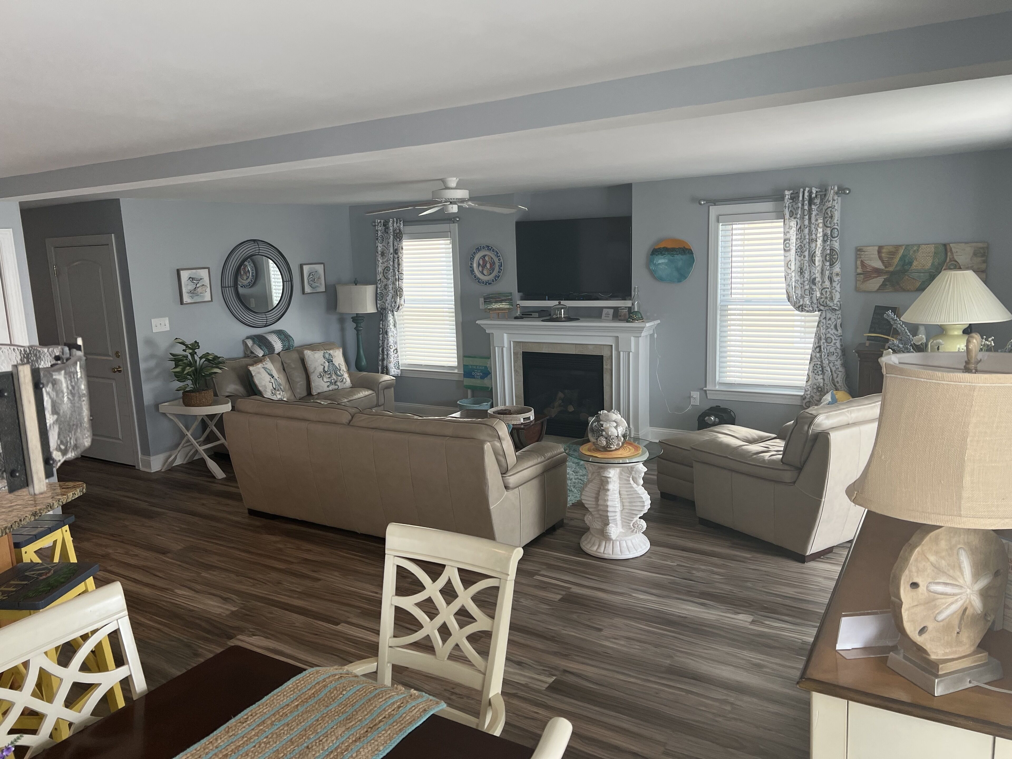 Smart TV, fireplace, video games, DVD player