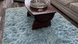A living room with a beige sofa, a brown coffee table, and a blue shag rug.