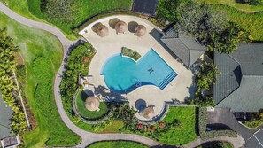 An aerial view of a property with a swimming pool, landscaped gardens, and a curved driveway.