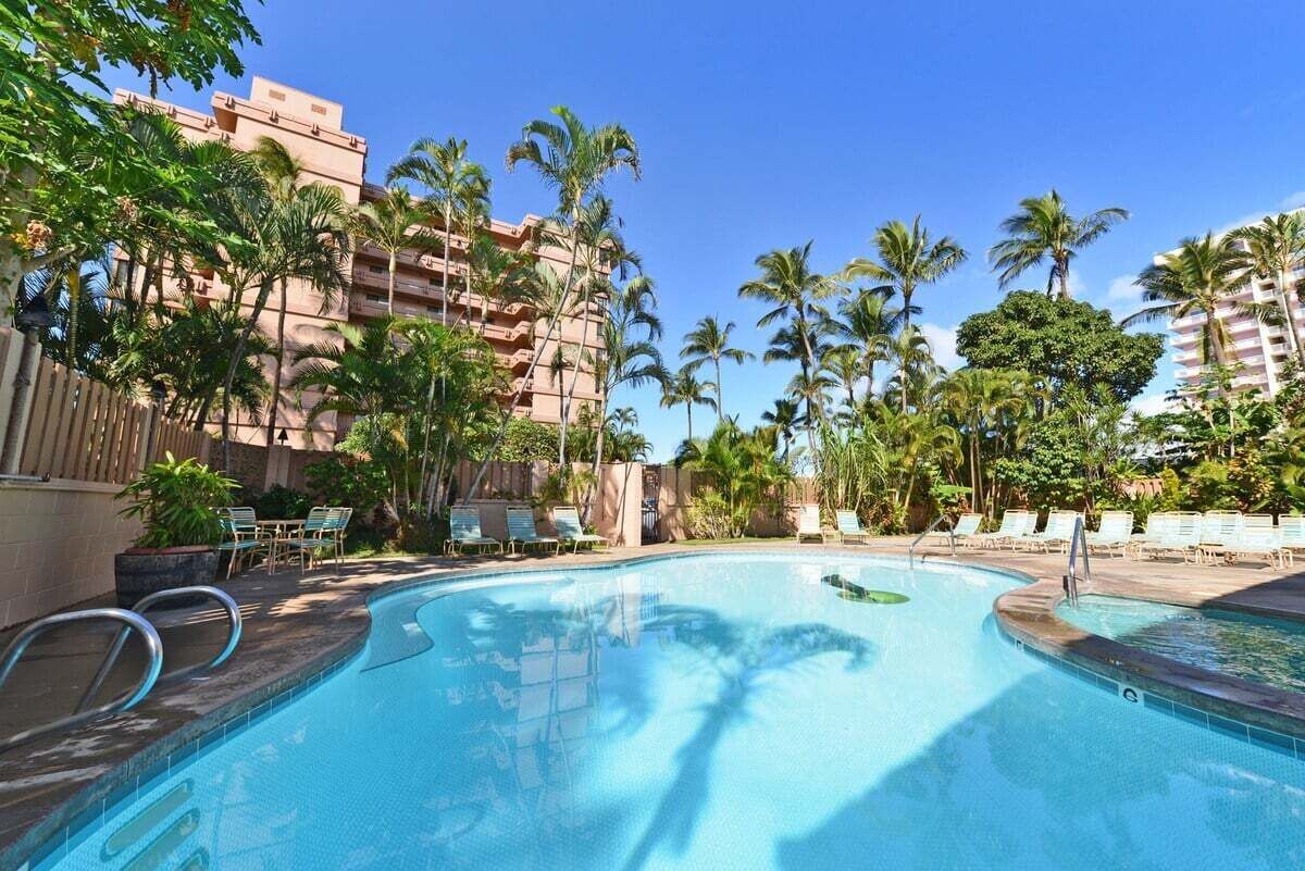 A sparkling resort pool surrounded by swaying palms and sunlit resort towers.