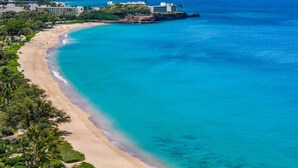 A coastal hotel with a beach, ocean, and lush greenery.