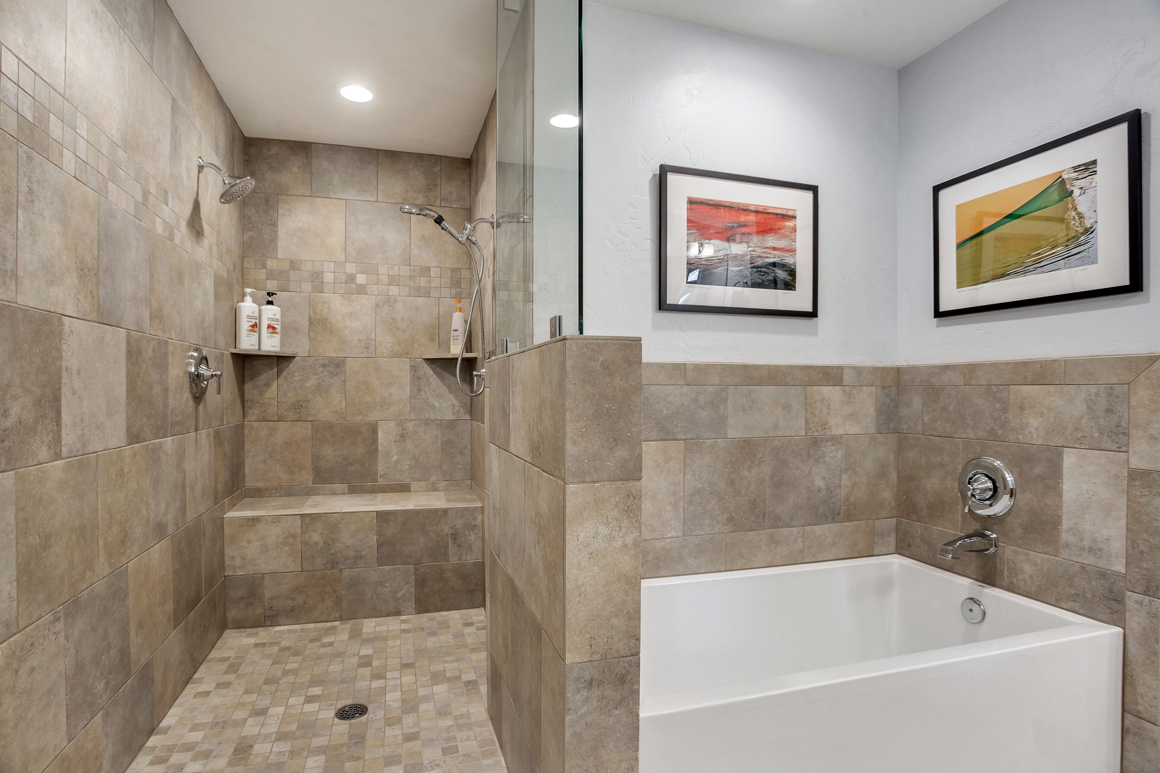 Combined shower/tub, hair dryer, towels, soap