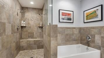 Combined shower/tub, hair dryer, towels, soap