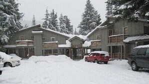 Ein Chalet mit einem zentralen Eingang, mehreren Fenstern und einem überdachten Parkplatz.