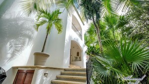 A staircase with patterned tiles leading to a door, surrounded by lush green palm trees and a white building with arches. - The Best Beachfront villa w/pool, in a secure gated South Akumal community! (Akumal)